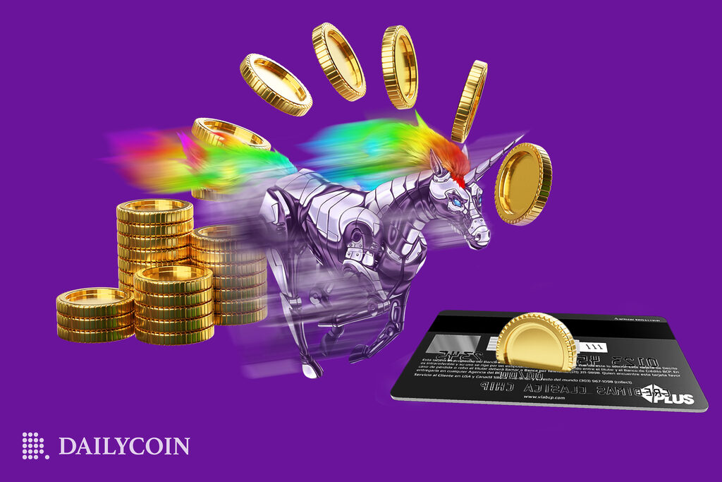 Unicorn with rainbow hair running towards credit card with crypto coin inside