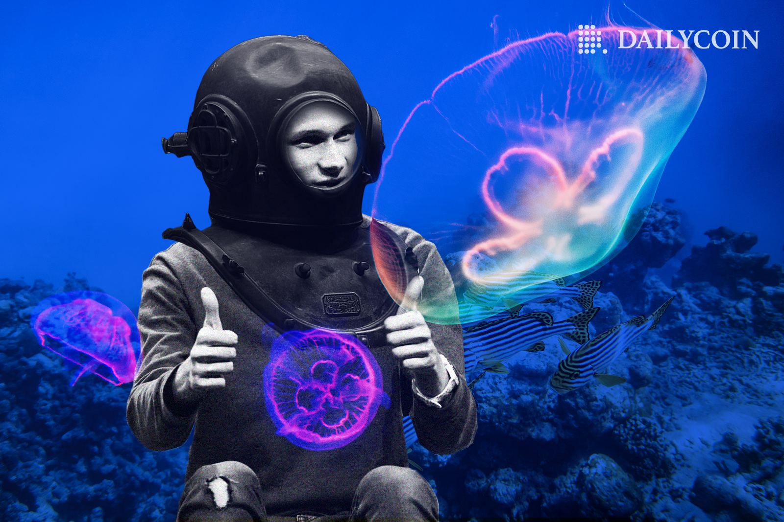 VItalik Buterin in aqua suit underwater next to transparant ranbow jellyfish