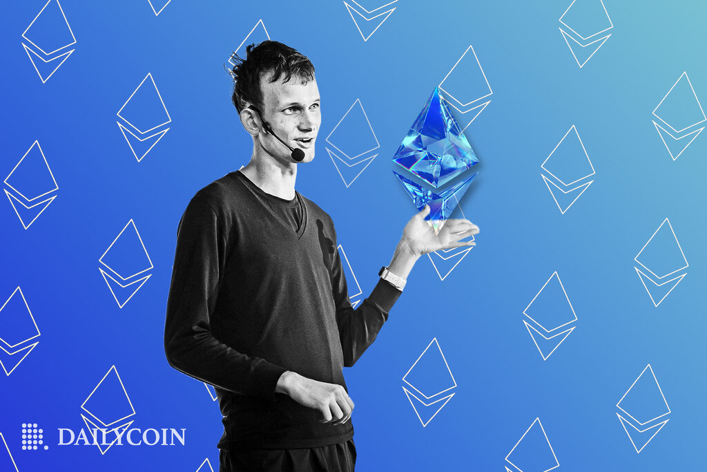 Vitalik Buterin holding blue Ethereum logo on