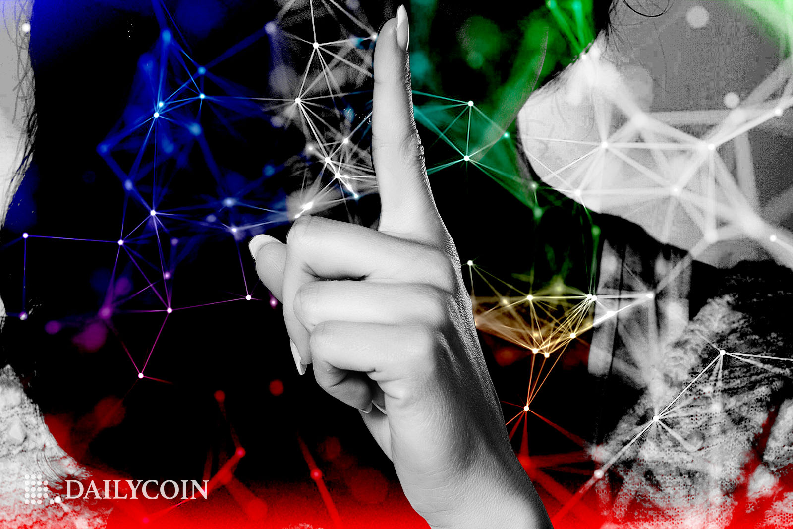 A colorful image of cryptographic shapes highlights a hand with its index finger up.