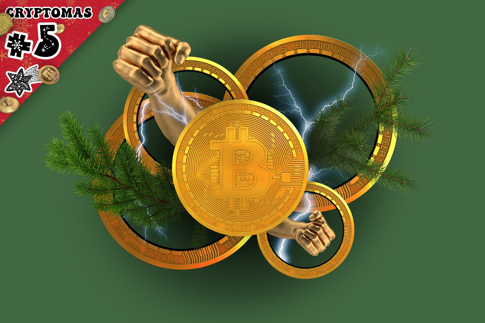 "Cryptomas #5" in the corner. The central mage depicts 5 interconnected gold rings with Bitcoin at the center, decorated with lightning and fir trees.