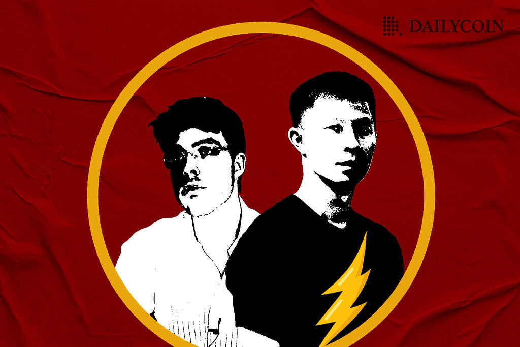Three Arrows Capital founders Su Zhu and Kyle Davies standing in a circle on a red background.