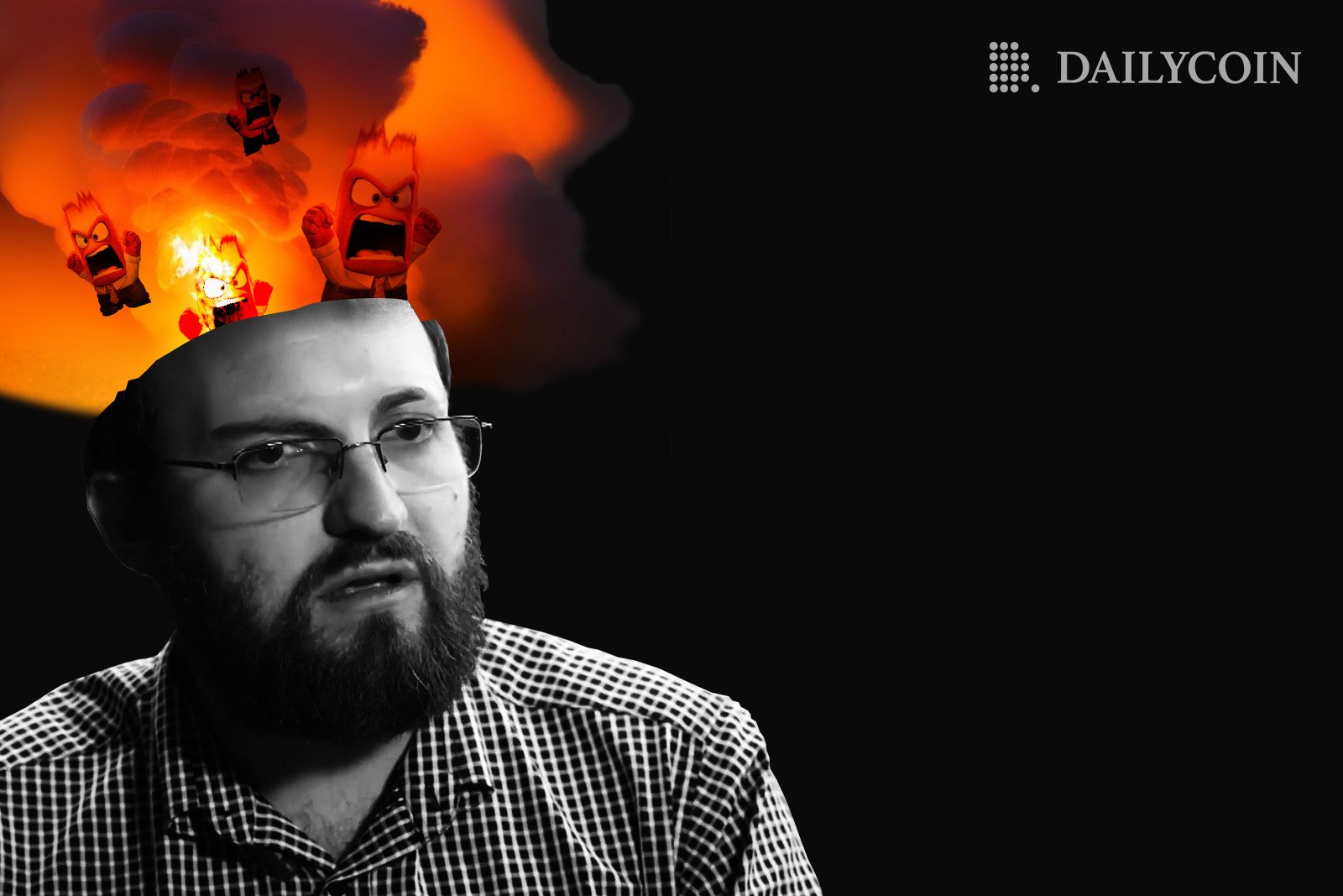 Founder of Cardano Charles Hoskinson burning head angry.