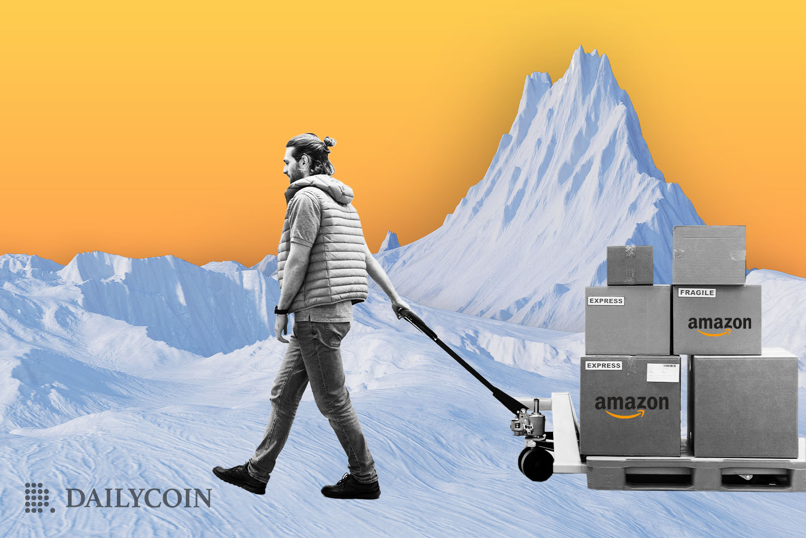 A person pulling amazon packages in the winter.