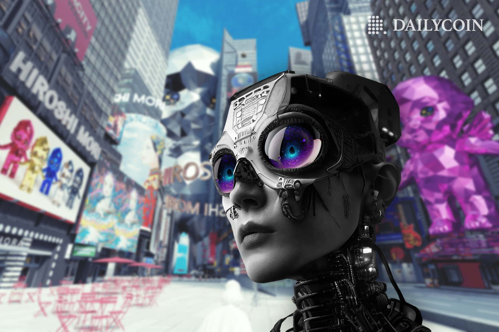 Grey robot inside a metaverse city.