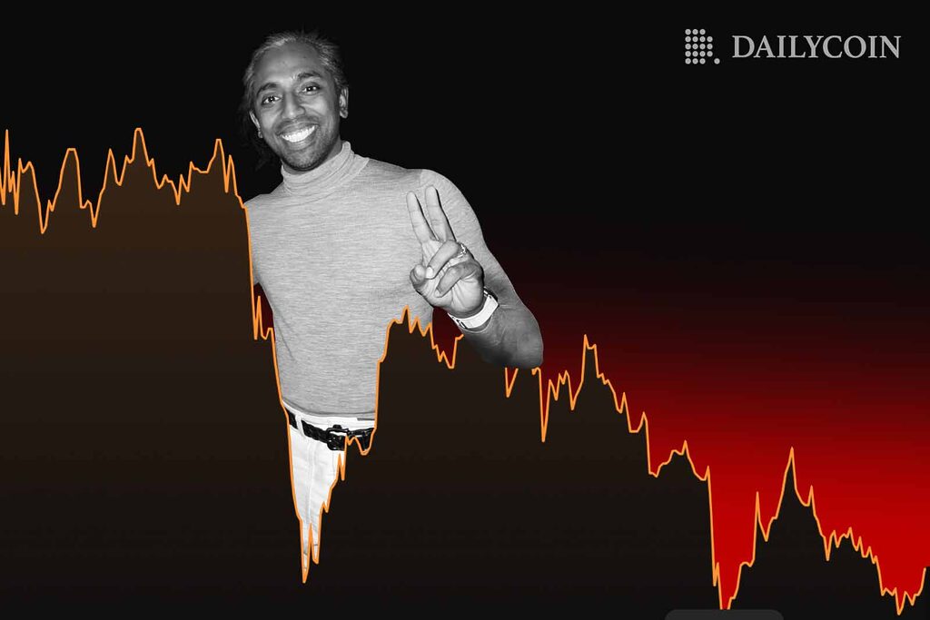 Aptos co-founder Mo Shaikh showing a peace sign in front of red crypto charts.