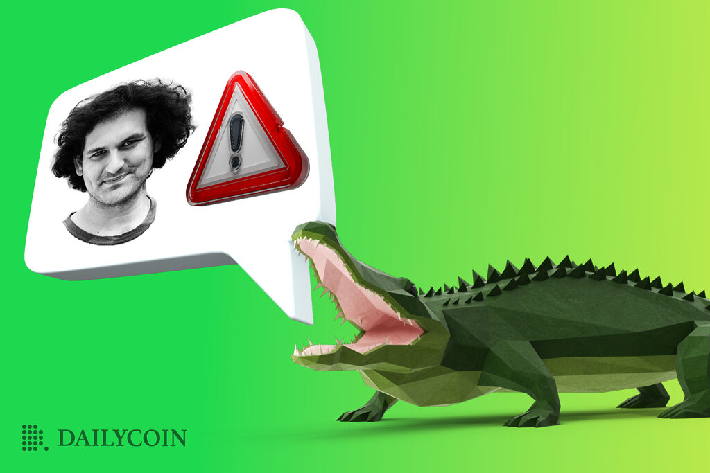 Cartoon Alligator shouting SBF and alarm emoji through speech bubble.