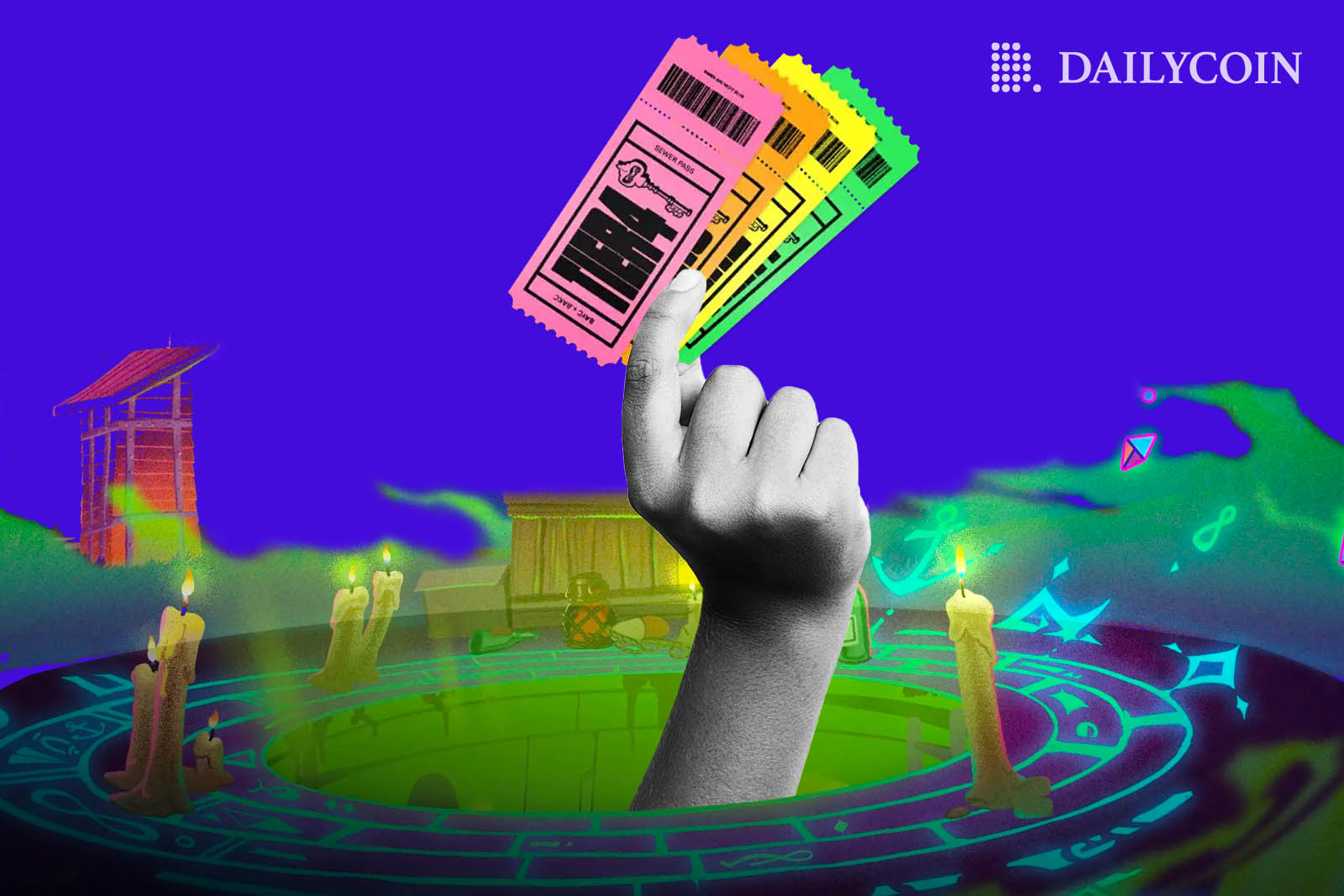 A human hand holding colorful tickets.