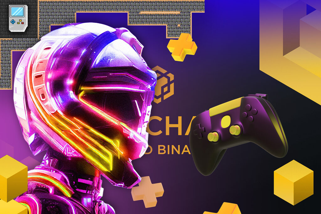 A game character with futuristic glowing pink helmet and suite in front of a controller and BNB chain logo.