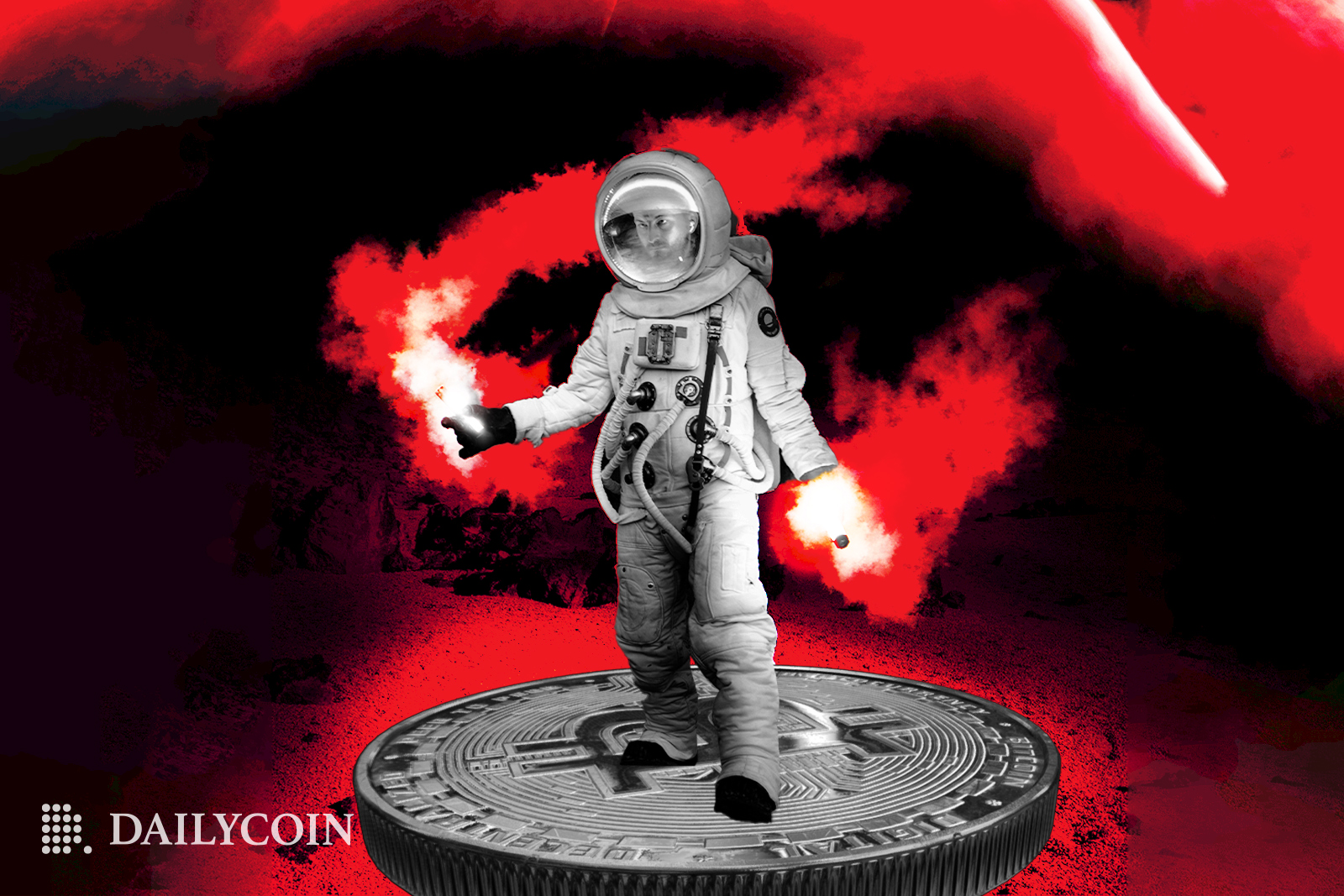 Human with aqua suit standing on a platform bitcoin holding red burning alarm lights