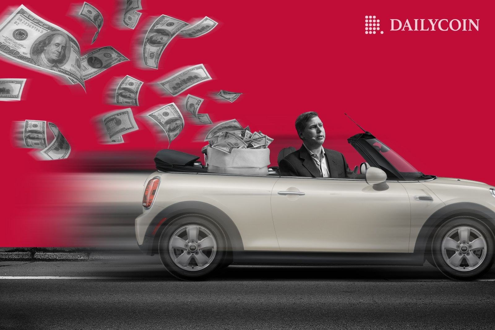 Man sitting in a convertible that's driving fast and has dollars flying out of its trunk