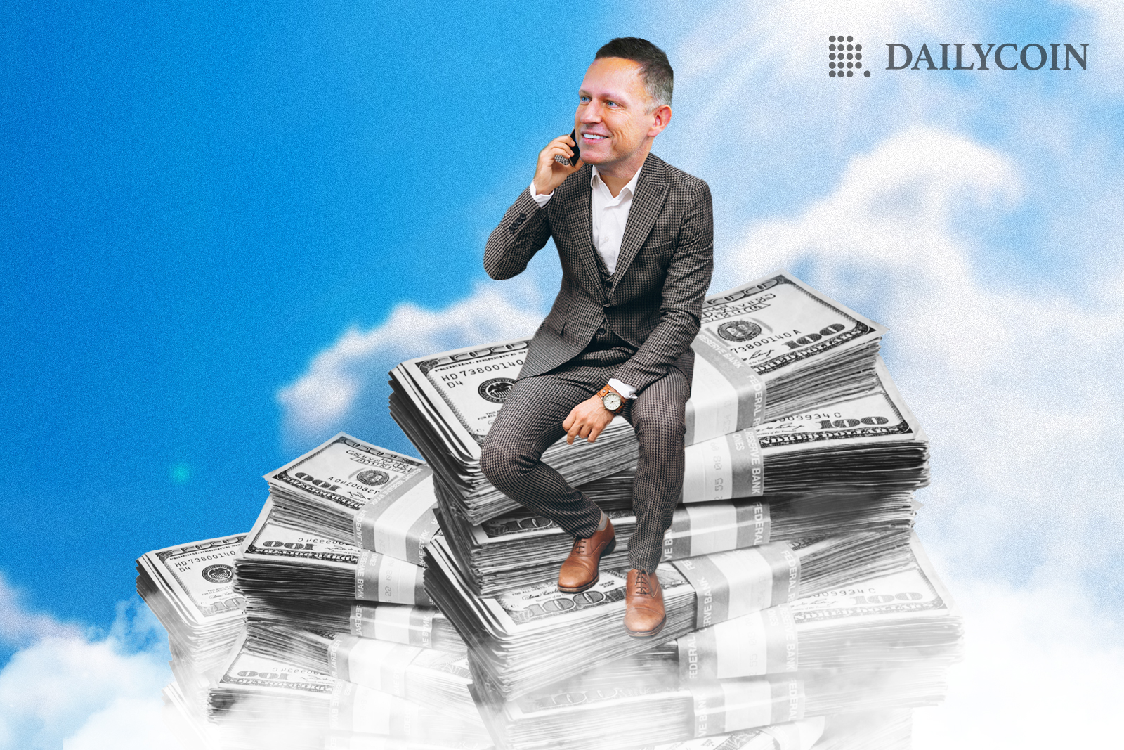 Peter Thiel in the sky sitting on a huge pile of cash.