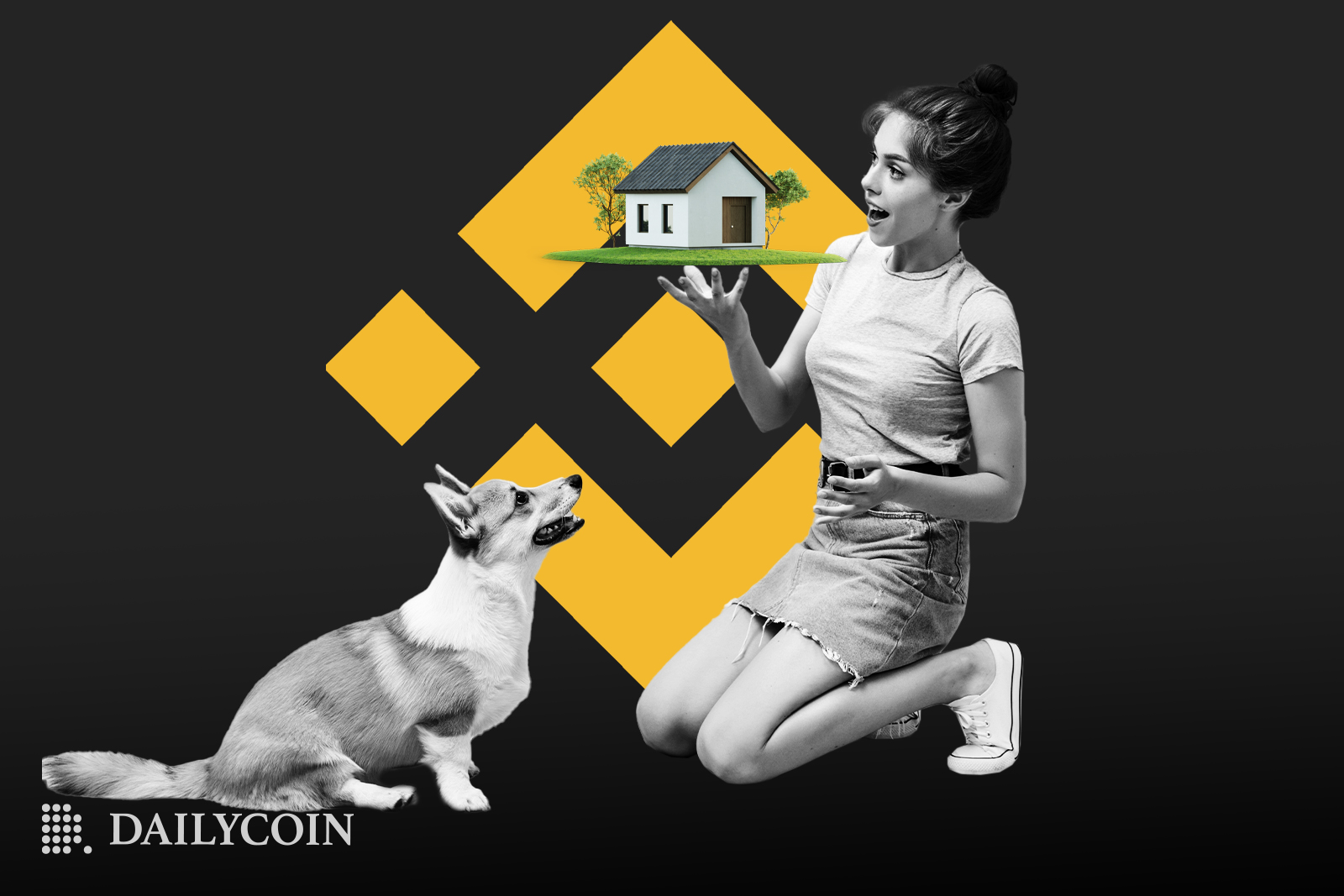 A girl on her knees holds a small house with one hand while a dog watches her carefully