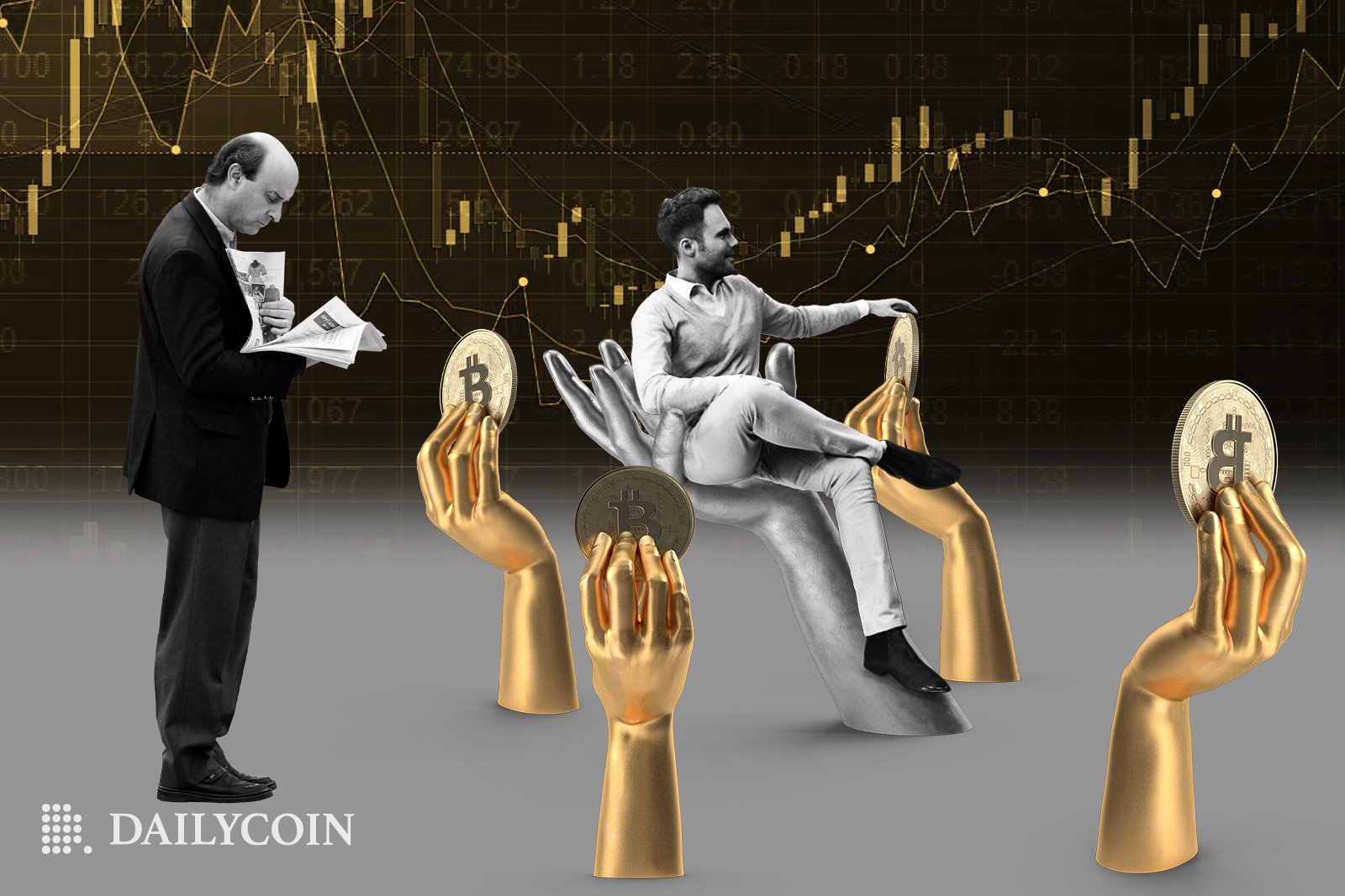 An analyst is analyzing a golden statue human hands holding Bitcoin BTC and a man sitting at the center.