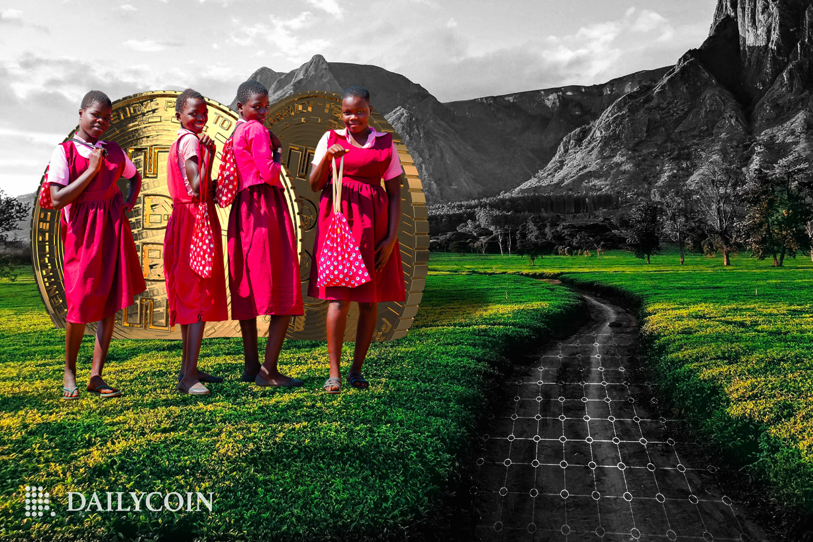 Girls in Malawi standing in front of Bitcoin.