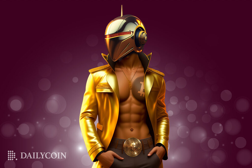 a man wearing gold and a robot helmet with a bitcoin belt