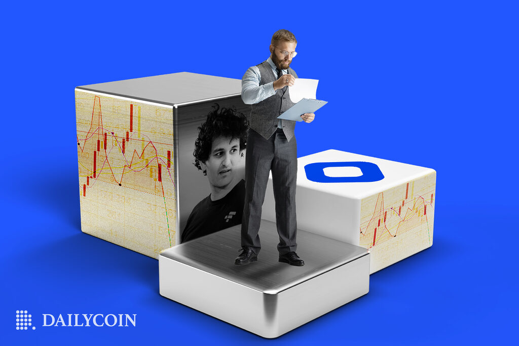 A man reading financial records standing next to boxes with graphs and Sam Bankman Fried on it.