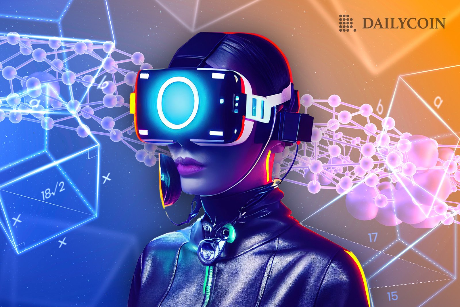 A woman wearing futuristic VR headset on a background symbolizing blockchain.