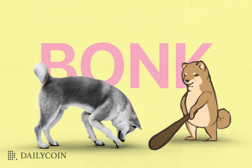 Shiba Inu dog next to cartoon shiba Inu with a bonk in front of pink inscription of "BONK".