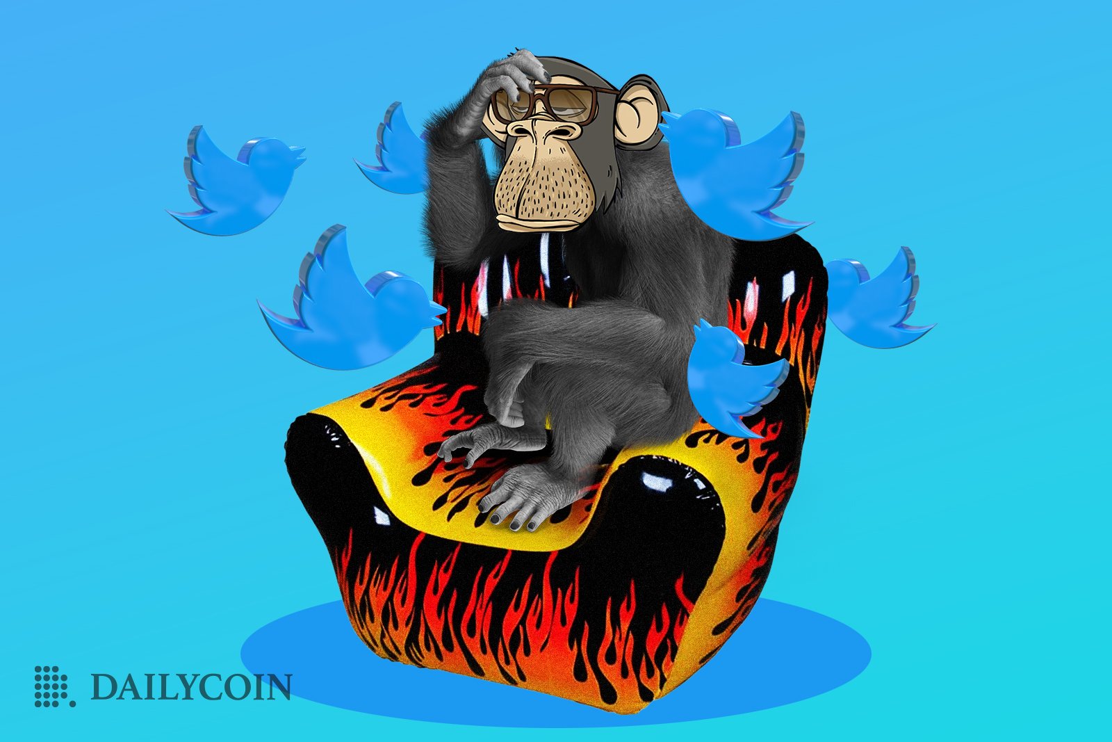 A cartoon monkey with glasses sitting on a hot seat, getting roasted by blue Twitter birds.