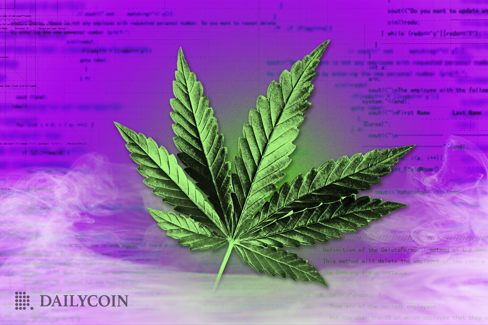 A cannabis leaf on top of pink background displaying blockchain network.