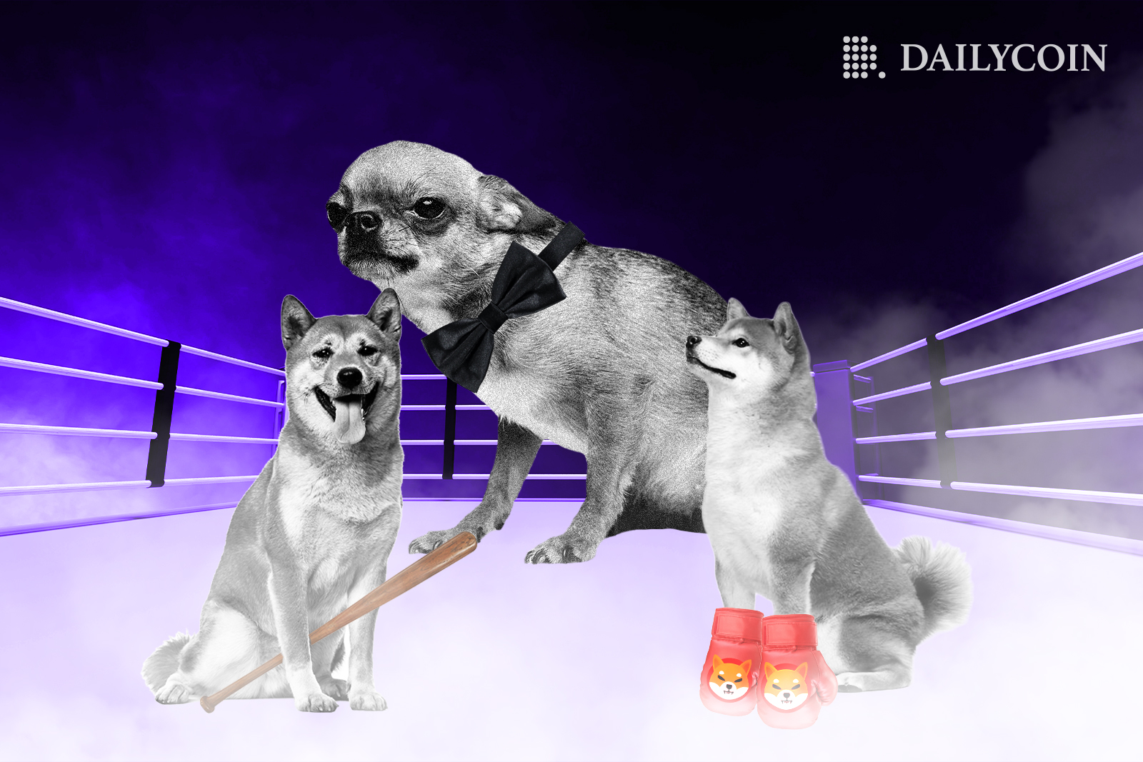 Three dogs sitting in a box ring ready to fight shiba Inu holding a bonk.
