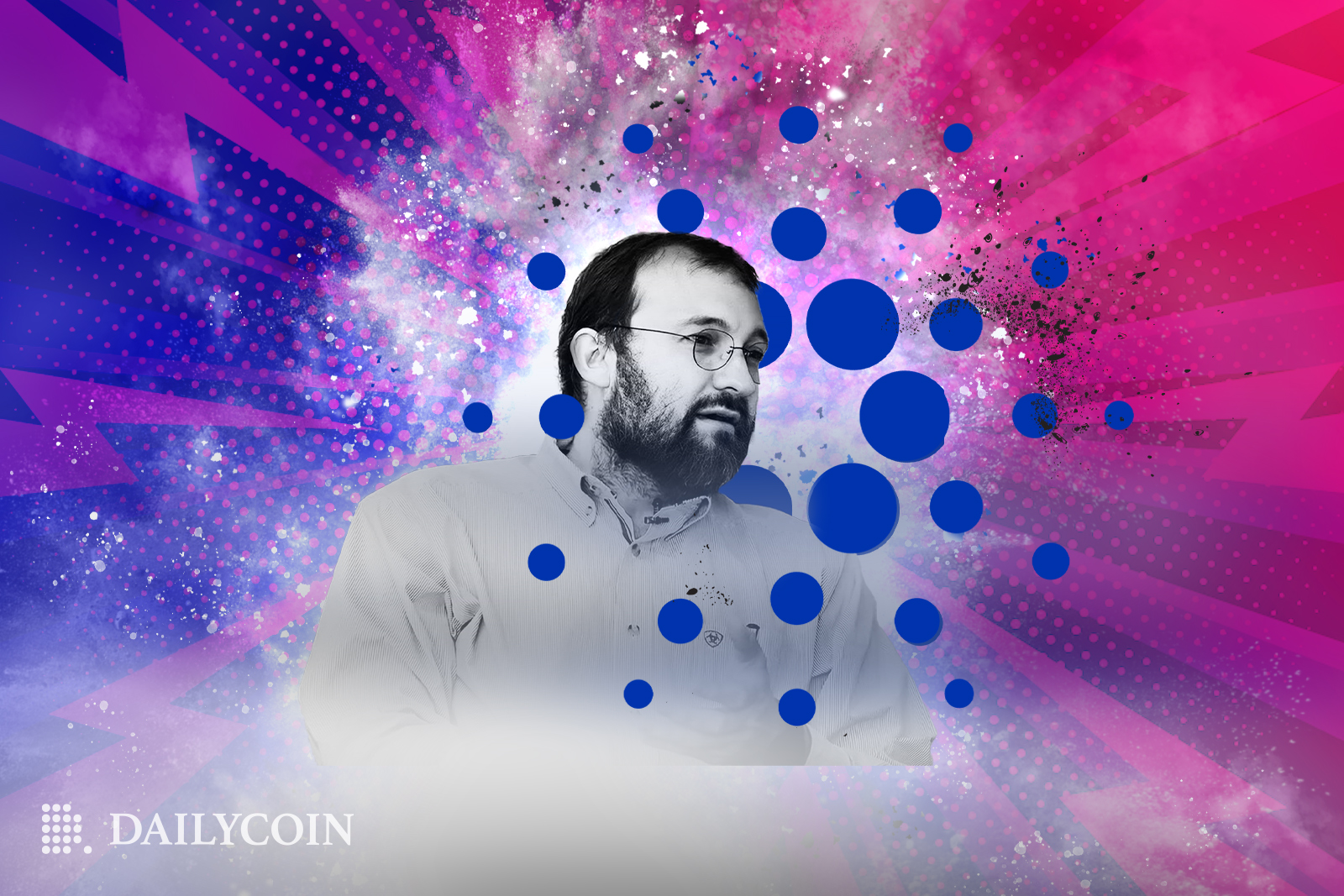 Cardano founder Charles Hoskinson surrounded by blue dots found in Cardano logo.