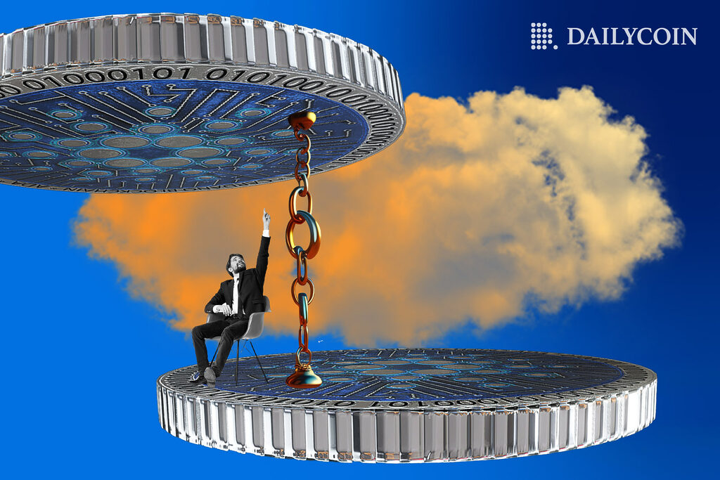 A tiny man in the sky stuck between two Cardano ADA coins.