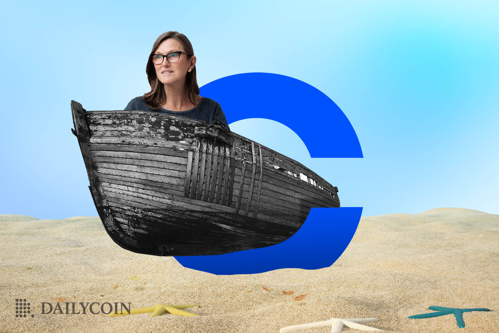 Cathie Woods in an ark floating through the desert in front of a huge Coinbase logo.
