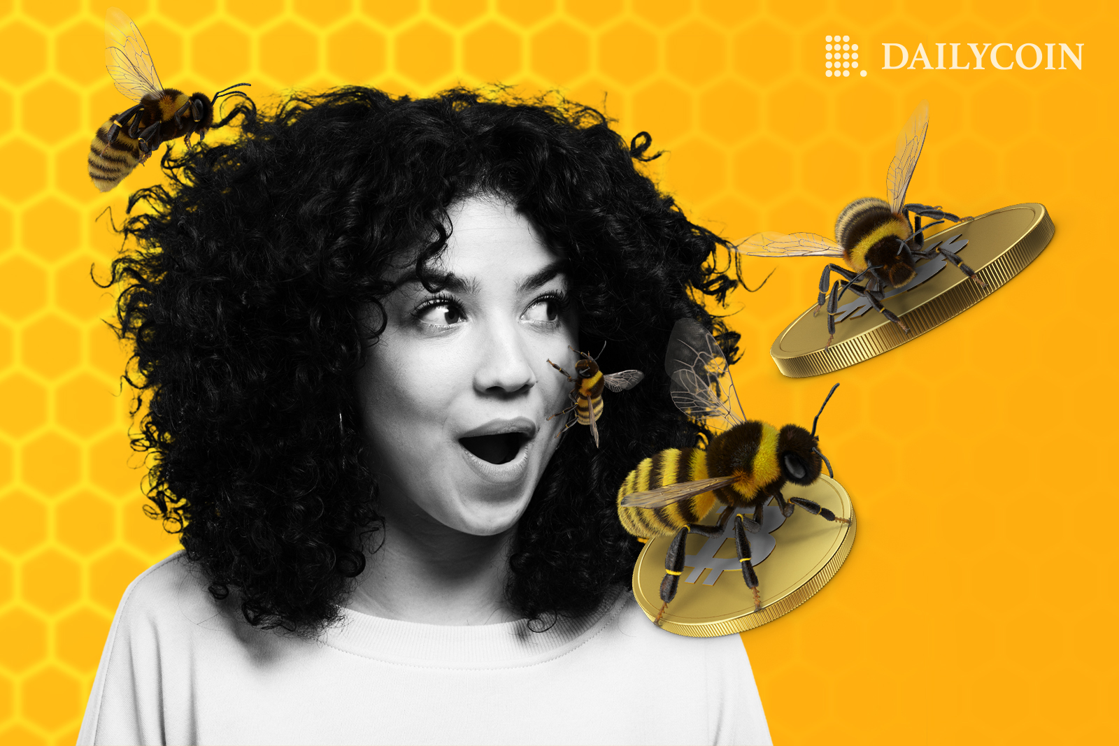 A surprised woman surrounded by bees flying while carrying bitcoin.