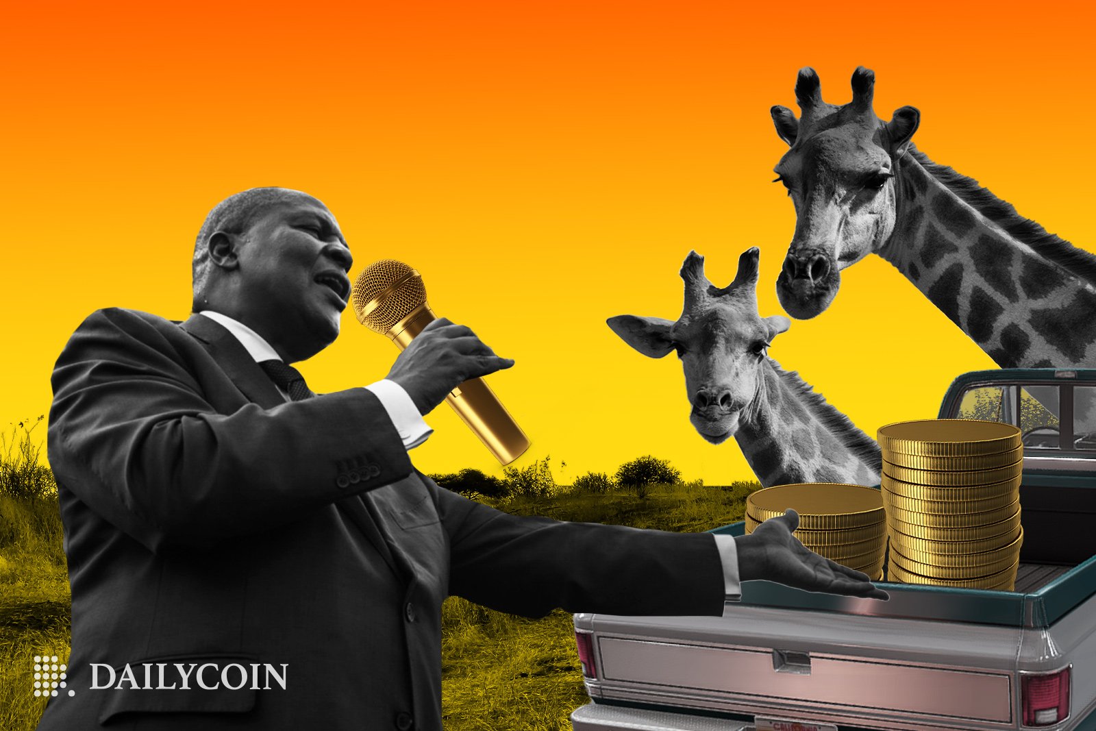 President of Central African Republic holding a golden microphone, giving a speech to the curious giraffes.