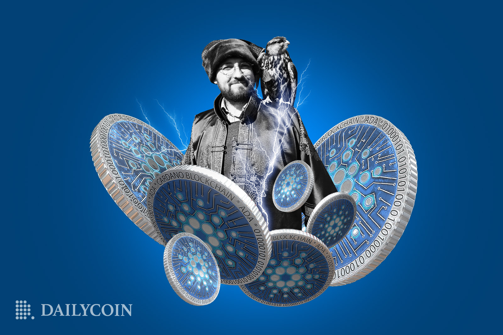 Charles Hoskinson surounded by cardano crypto coins.