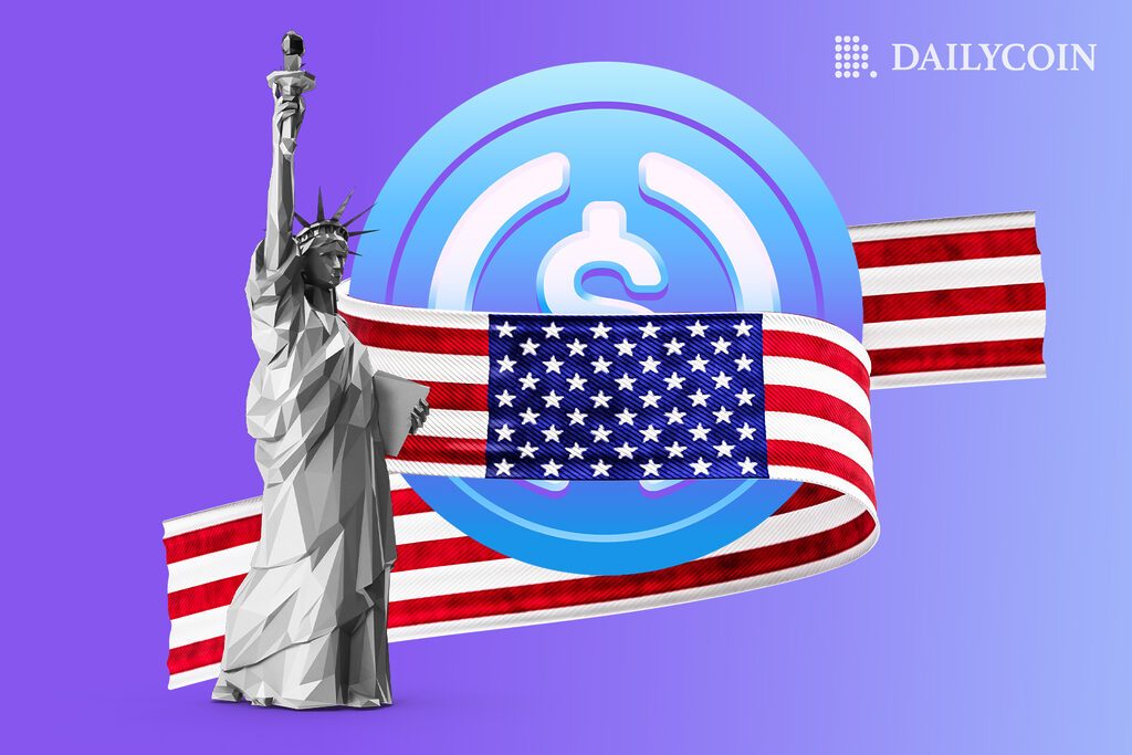 USDC token wrapped in the US flag, with the statue of liberty next to it.