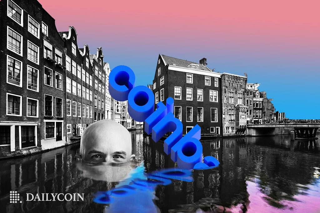 Coinbase logo sinking together with human head in the Netherlands city canal.