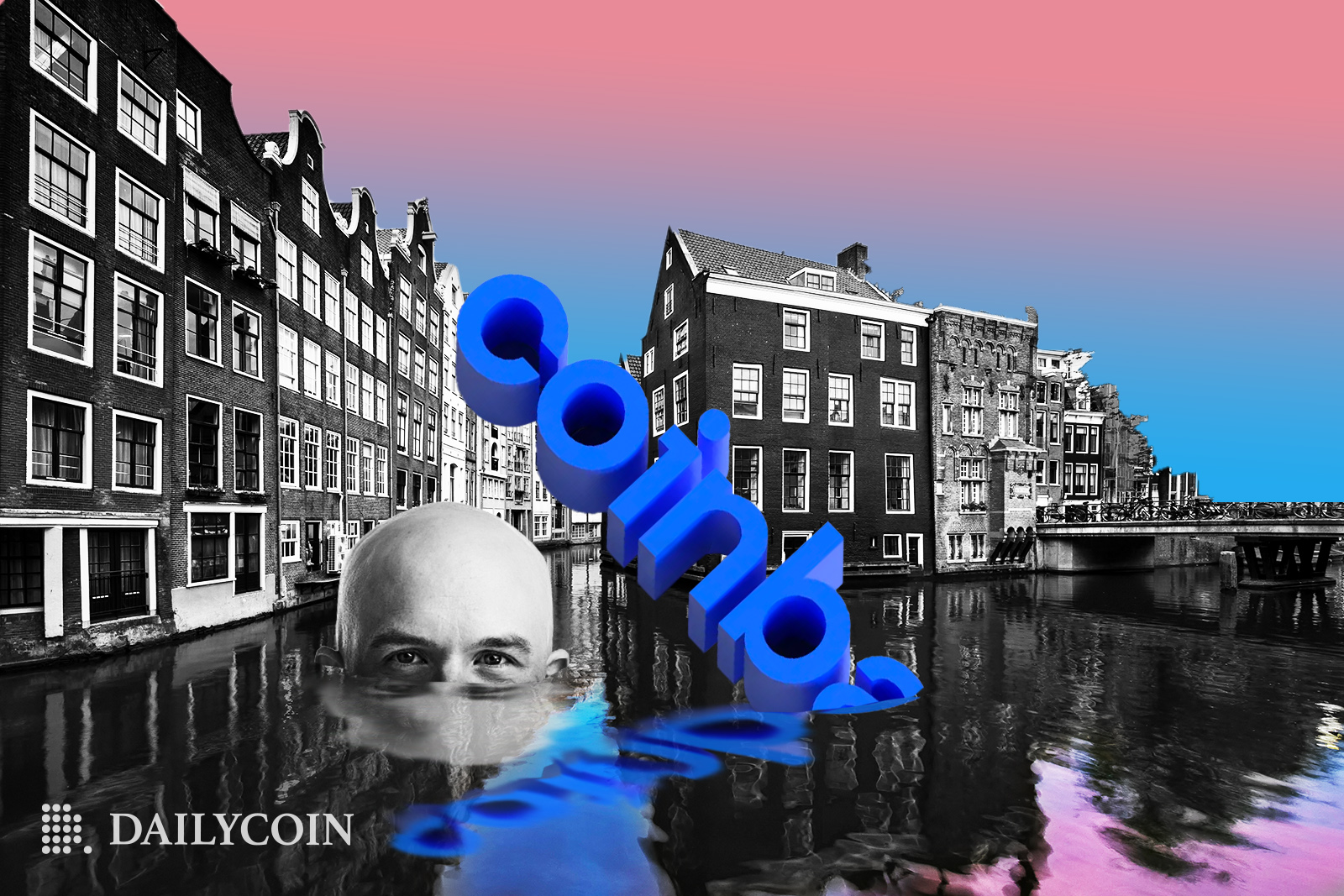 Coinbase logo sinking together with human head in the Netherlands city canal.