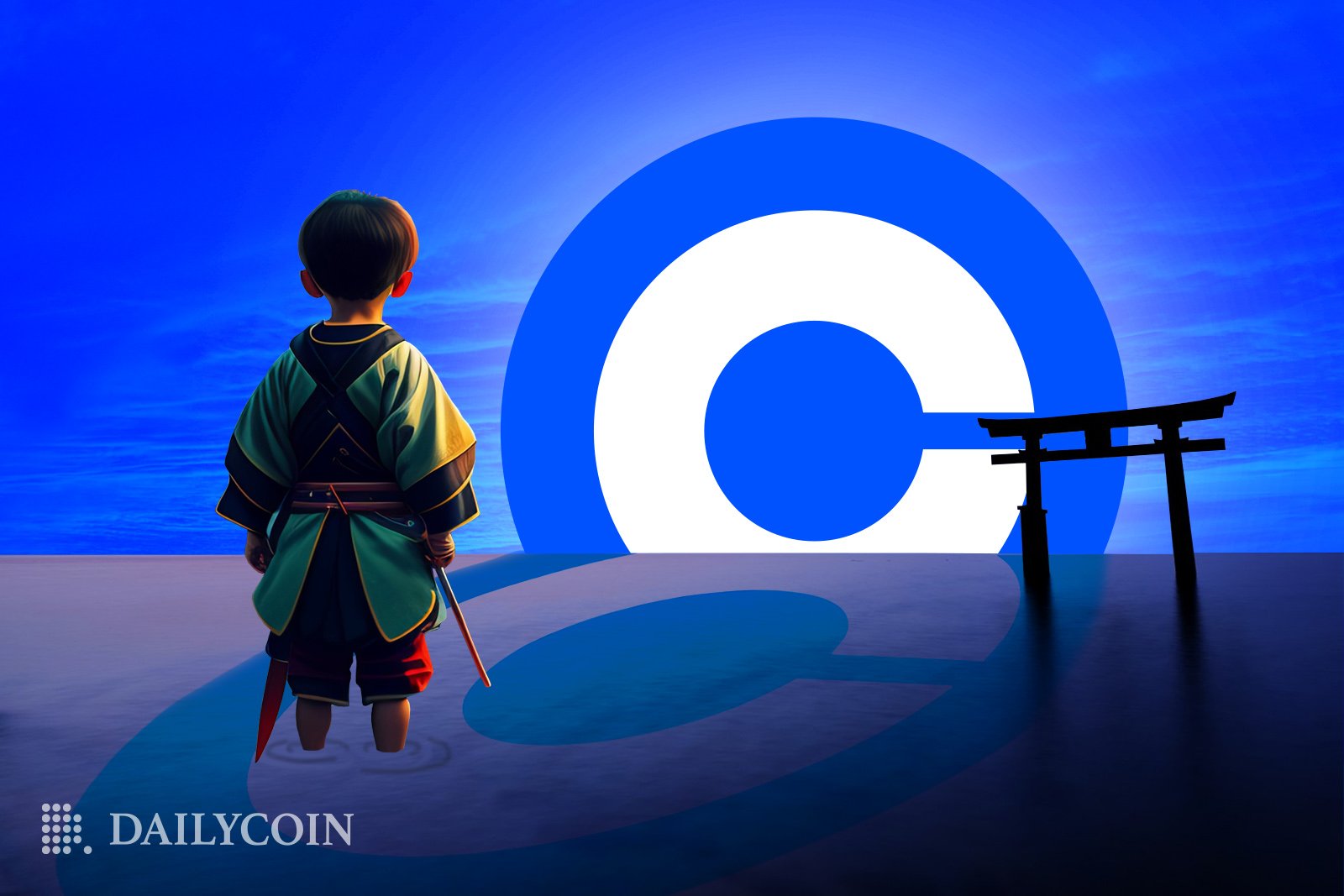 A small child wearing traditional Japanese outfit staring at a Coinbase logo instead of a sundown.