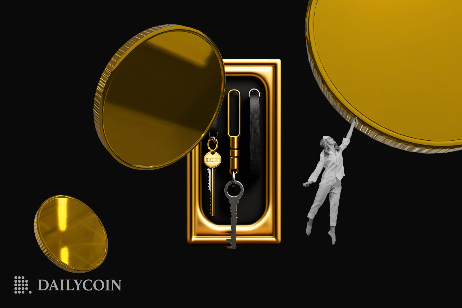 crypto token unlock scheduled coins keys in black background woman floats in the air holding golden coin