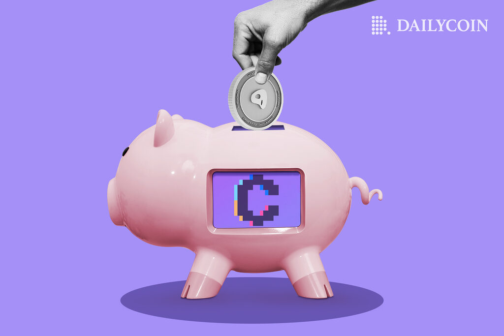 Human hand inserting a crypto coin into a pink piggy bank with Convex logo on it.