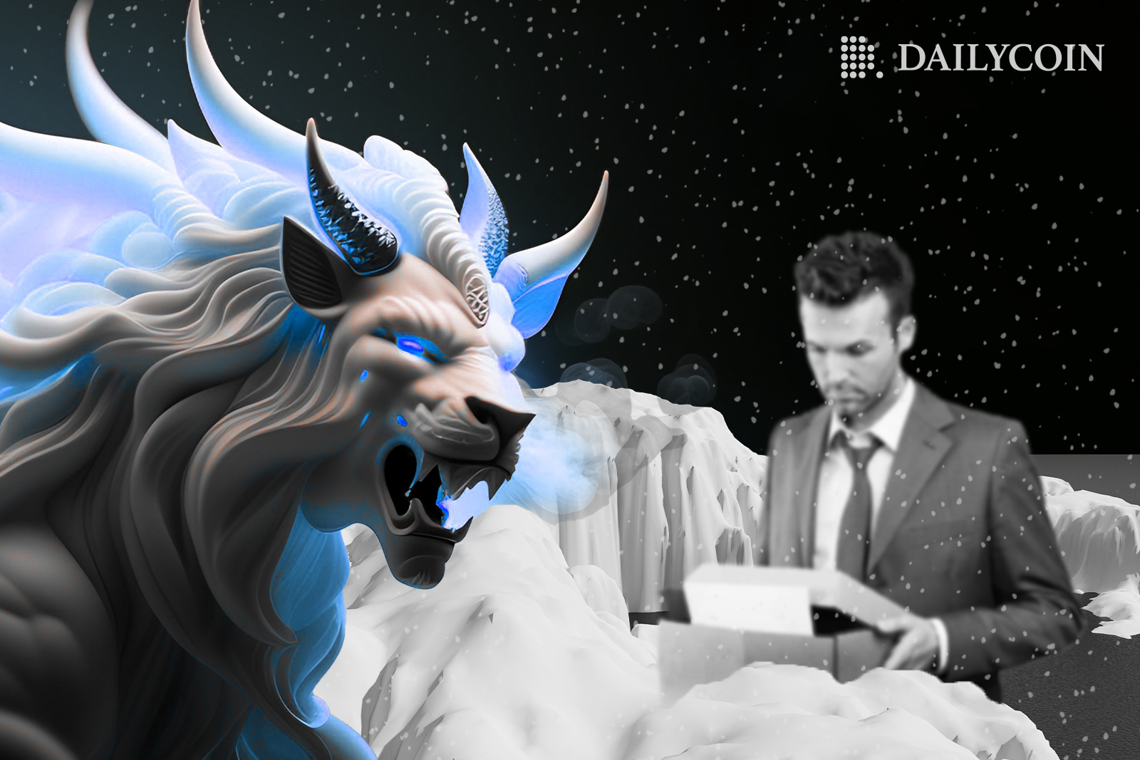 3D sculpture of a lion with blue horns next to a man during crypto winter time while Crypto.com layoffs.