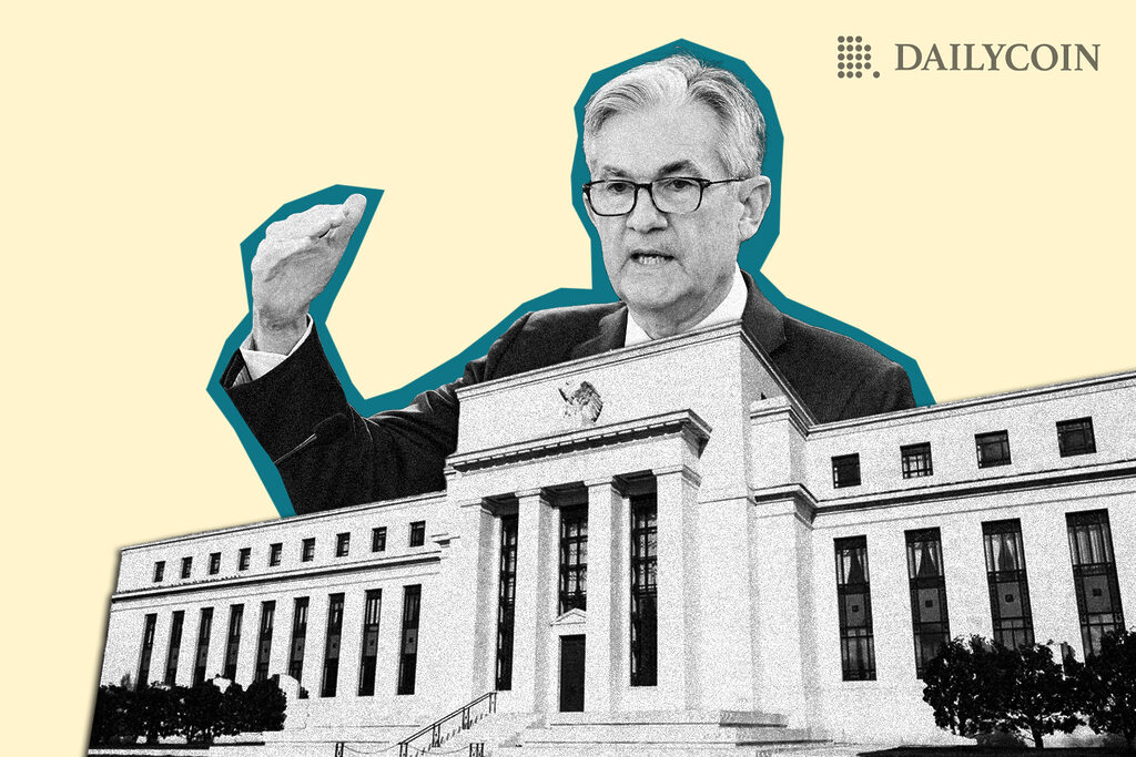 Jerome Powell over US Federal Reserve building.