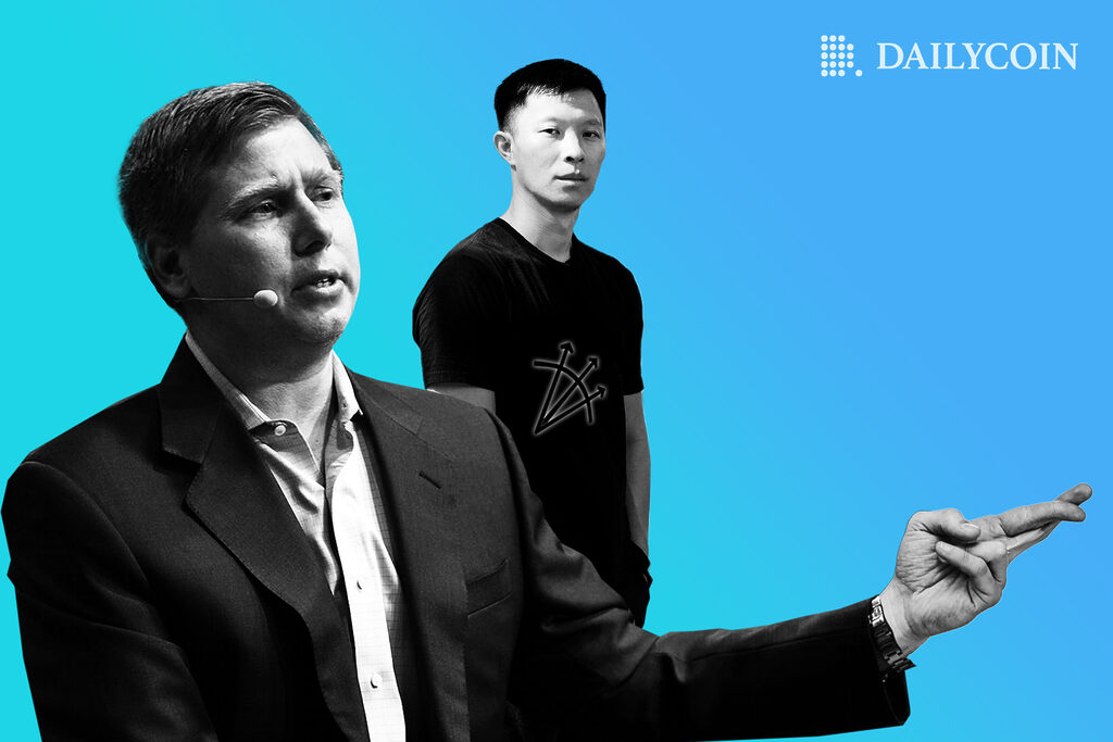 Barry Silbert with his fingers crossed in front of Su Zhu.