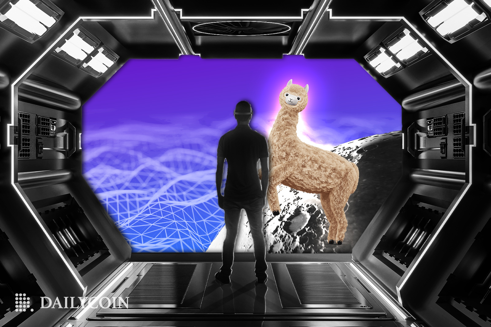 Human standing at the edge of a futuristic spaceship next to a glowing lama.