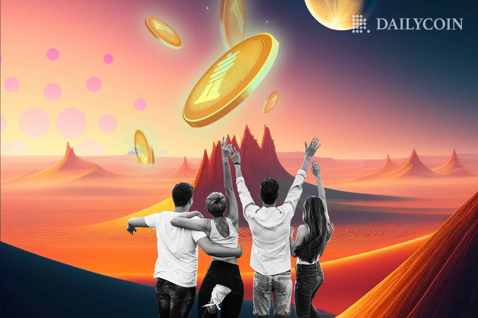 Djed_Cardano_Coin_Desert_Planet_Landscape_Group_Oeople_Celebrating_web