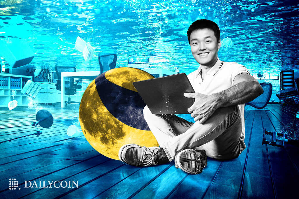 Do Kwon next to Terra Luna logo underwater holding a computer.