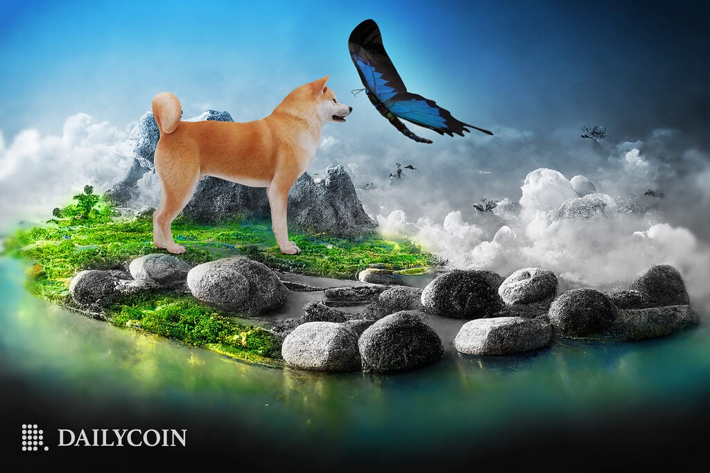 Enormous Doge standing on green grass in a remote island