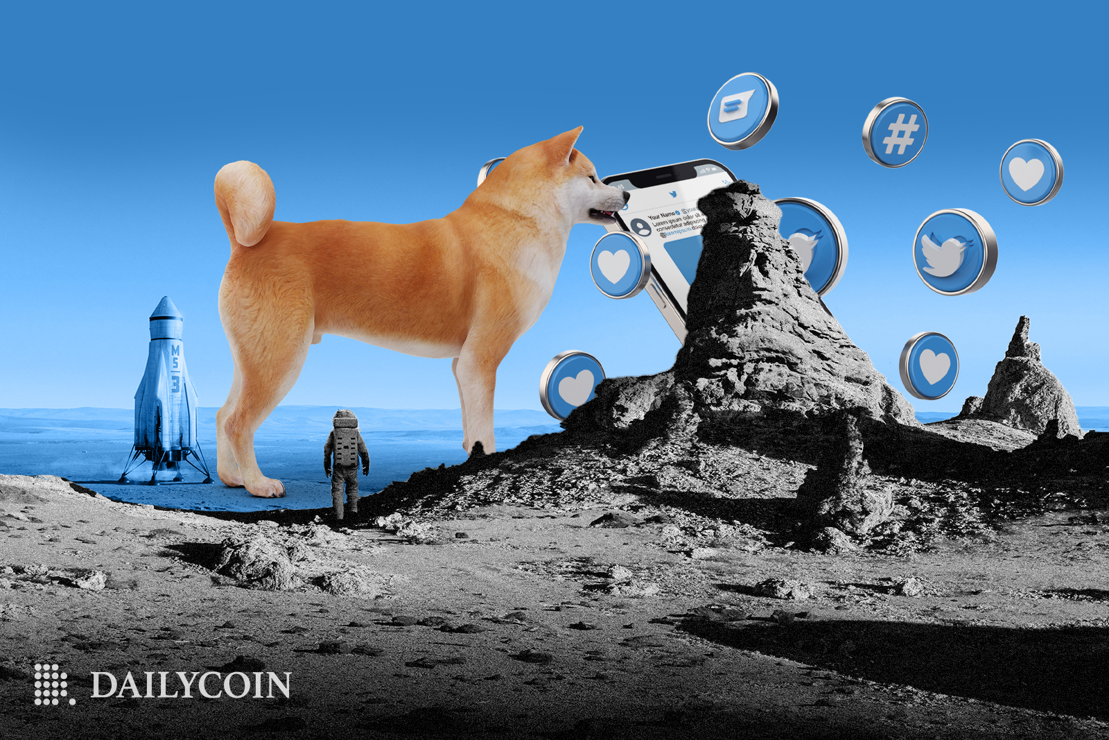 Shiba Inu biing on a phone at a beach next to flying Twitter tokens.