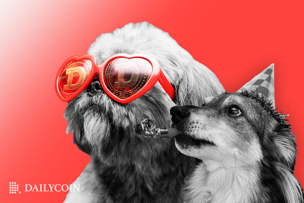 Two dogs, one of them with heart-shaped red sunglasses, are celebrating.