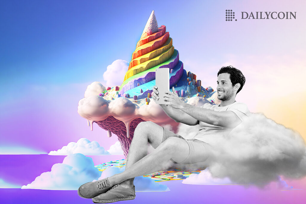wef metaverse fantasy land guy floating holding an ipad in front of a rainbow ice cream cone iceland.