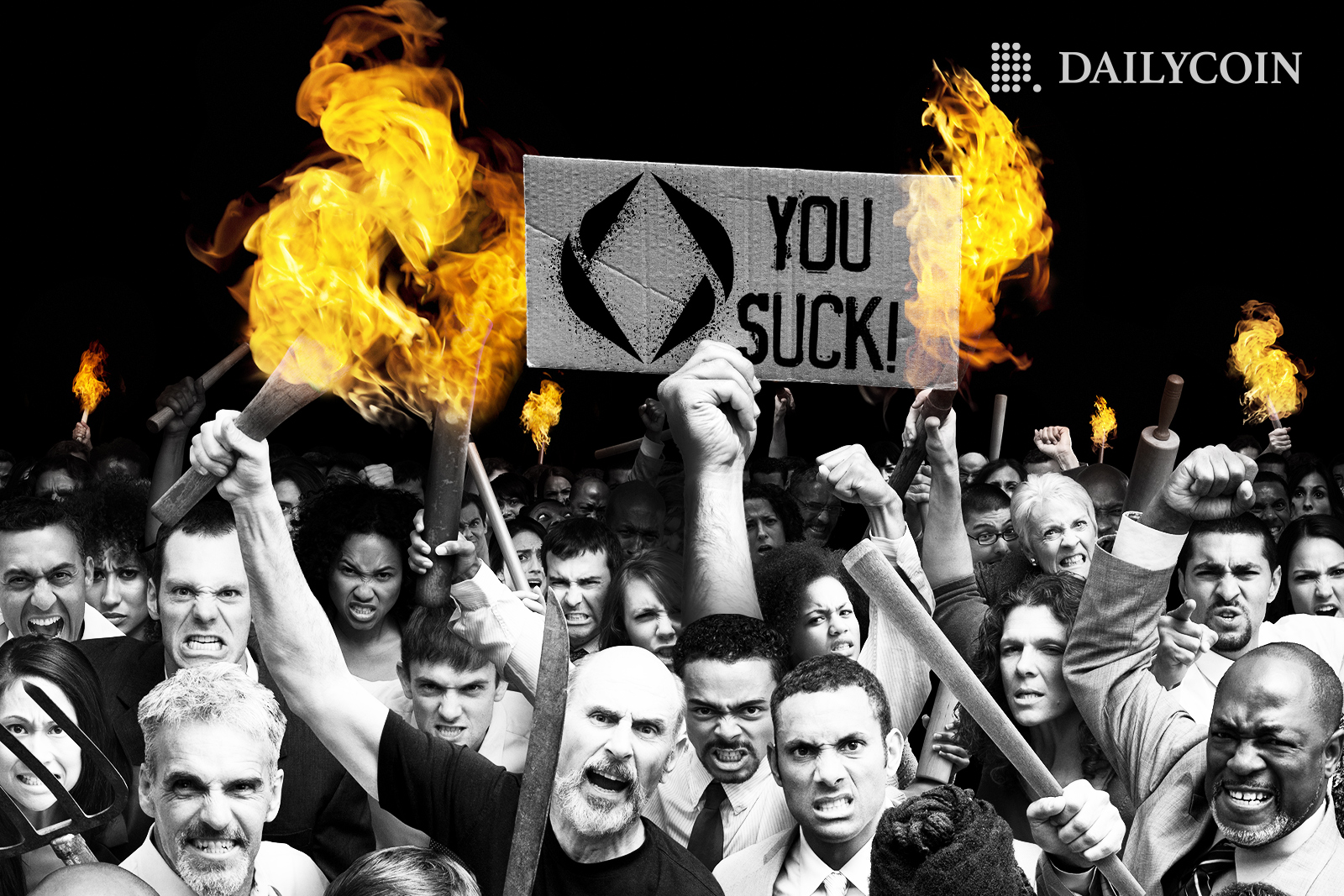 A group of angry people hold a sign saying "You Suck"