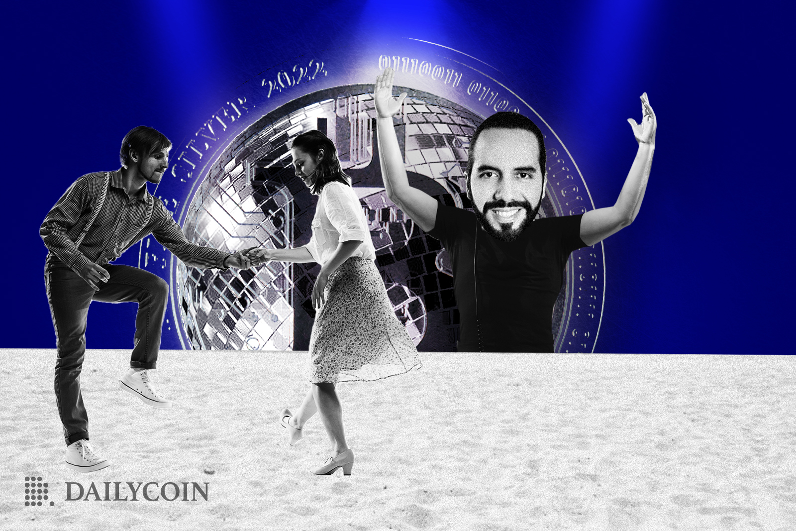 A couple dancing at the beach in front of Nayib Bukele